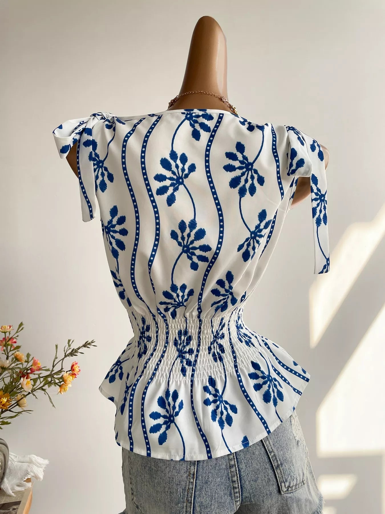 Smocked Tie Shoulder Blouse - Be Bliss Boutique