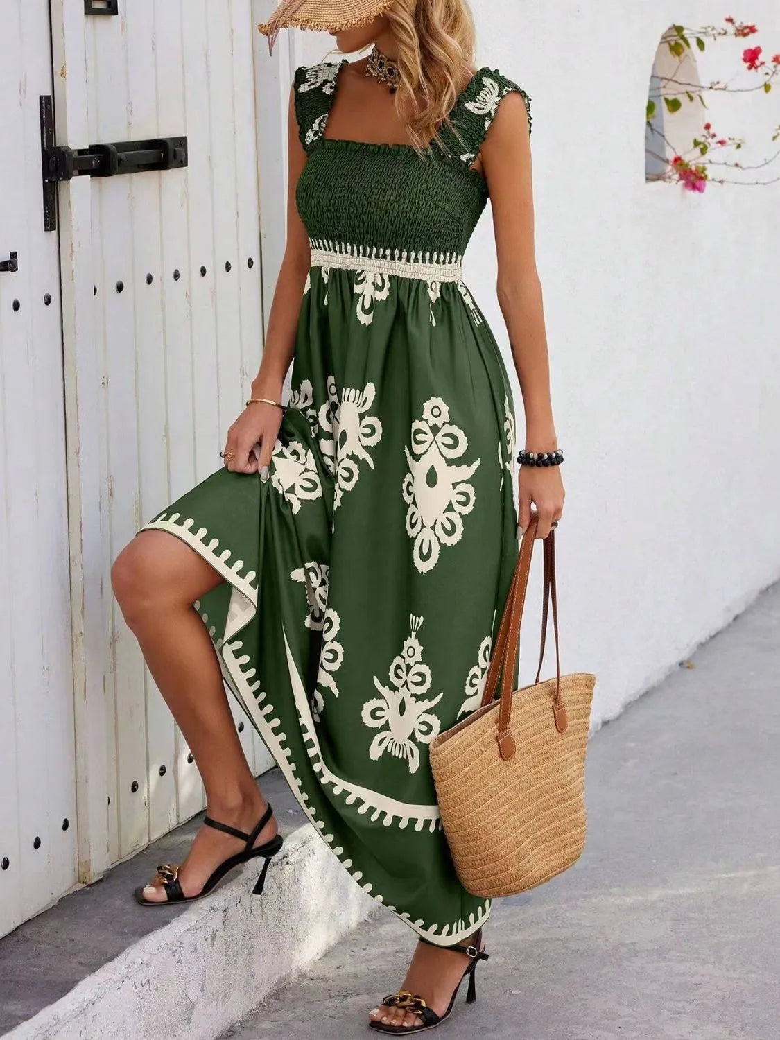 Smocked Printed Wide Strap Maxi Dress - Be Bliss Boutique