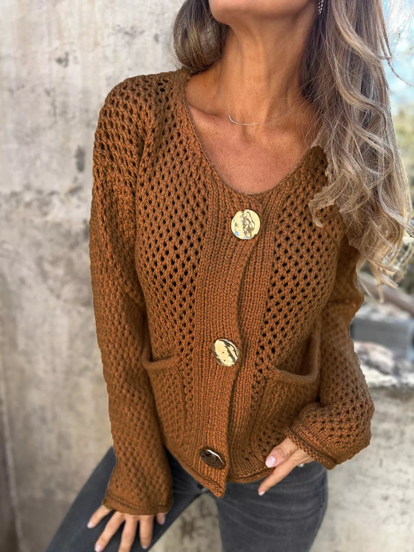 Crochet Button Up Long Sleeve Cardigan -  Be Bliss Boutique