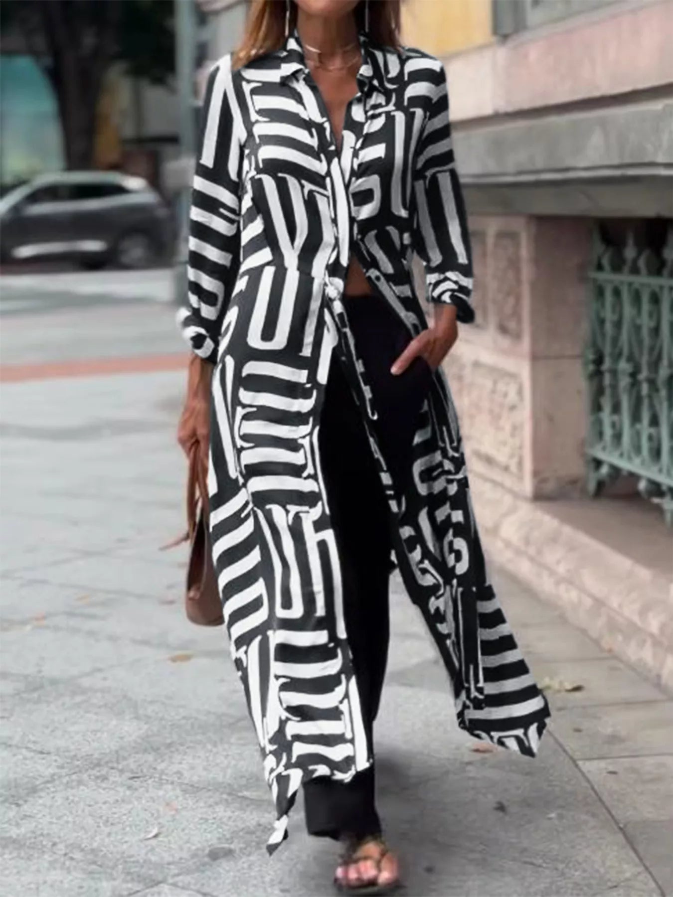 Abstract Geometric Printed Button Front Longline Shirt - Be Bliss Boutique