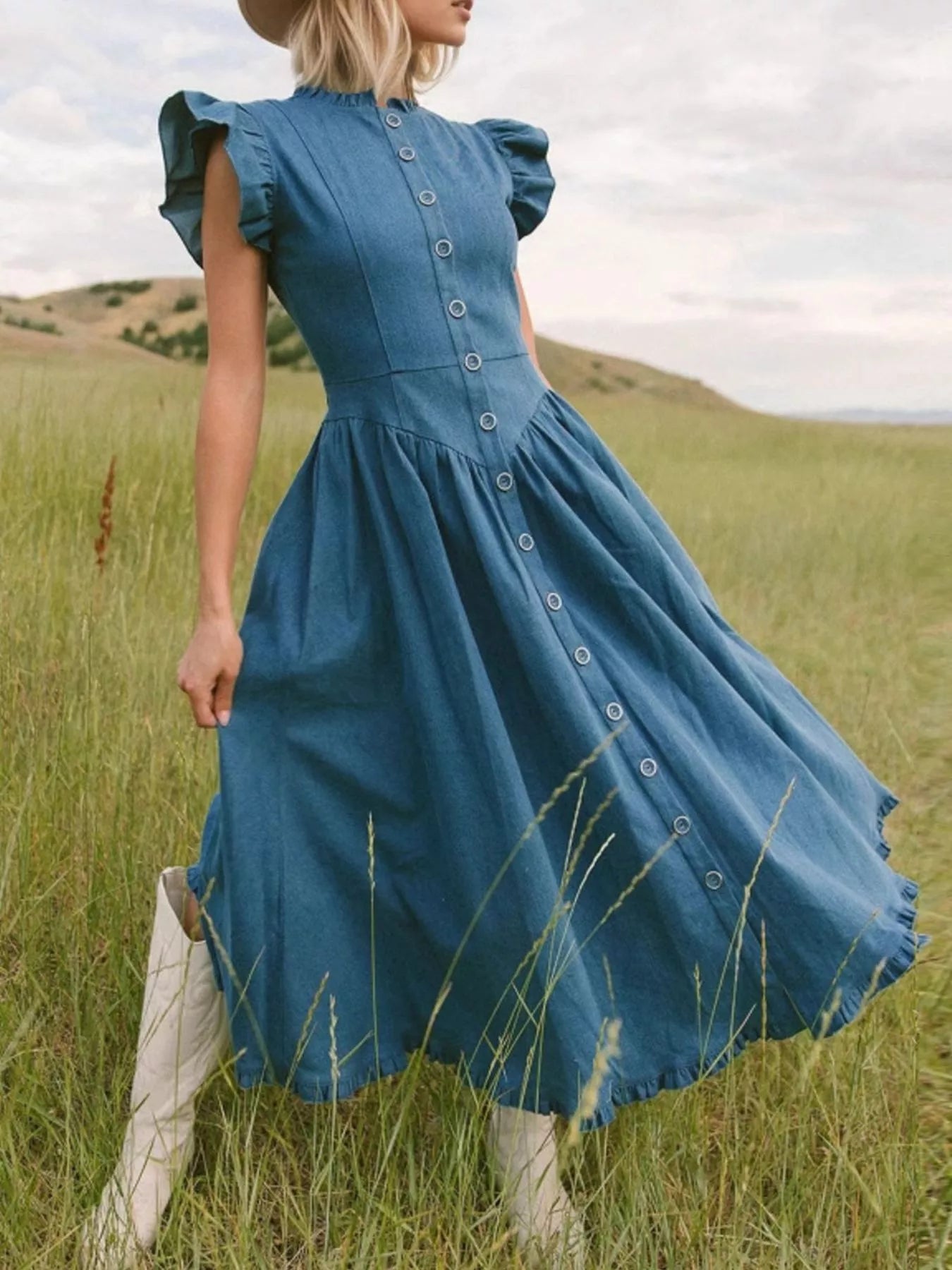 Ruffled Cap Sleeve Denim Dress - Be Bliss Boutique