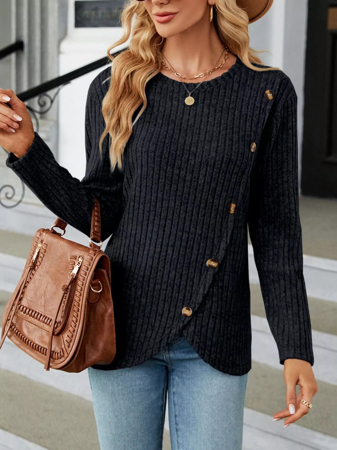 Ribbed Knit Decor Button T-Shirt -  Be Bliss Boutique