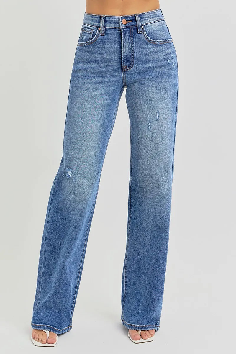 Full Size Tummy Control Elastic Band High Rise Wide RISEN Jeans -  Be Bliss Boutique