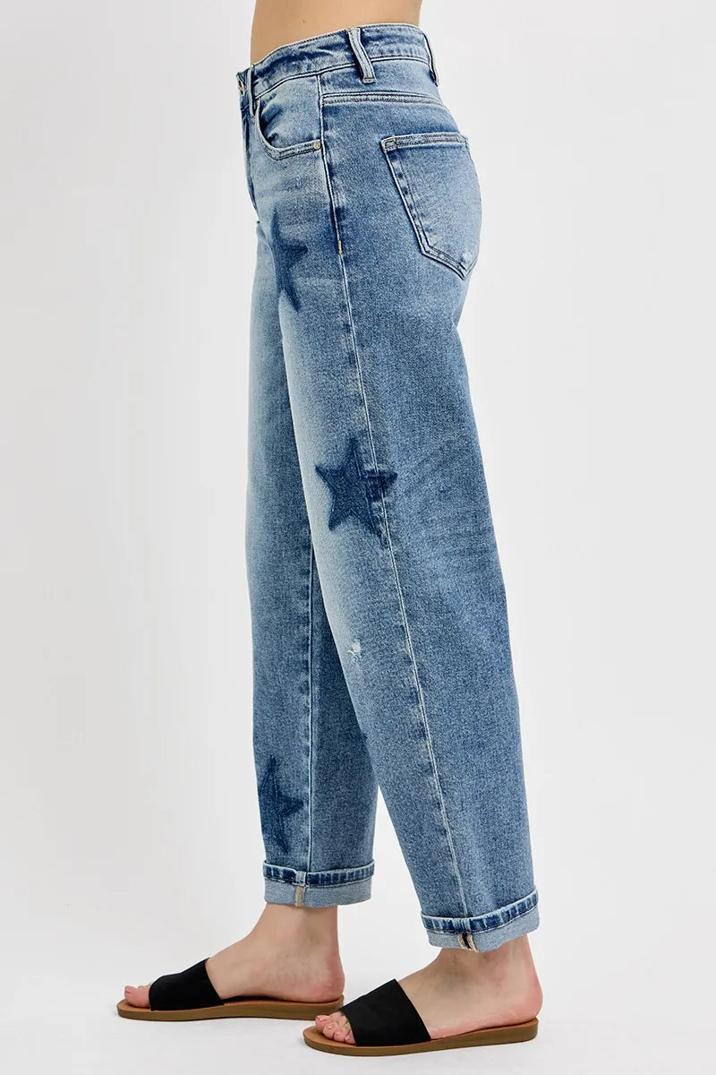 RISEN Full Size Mid Rise Boyfriend Star Shadow Detail Cuffed Jeans Plus Size -  Be Bliss Boutique