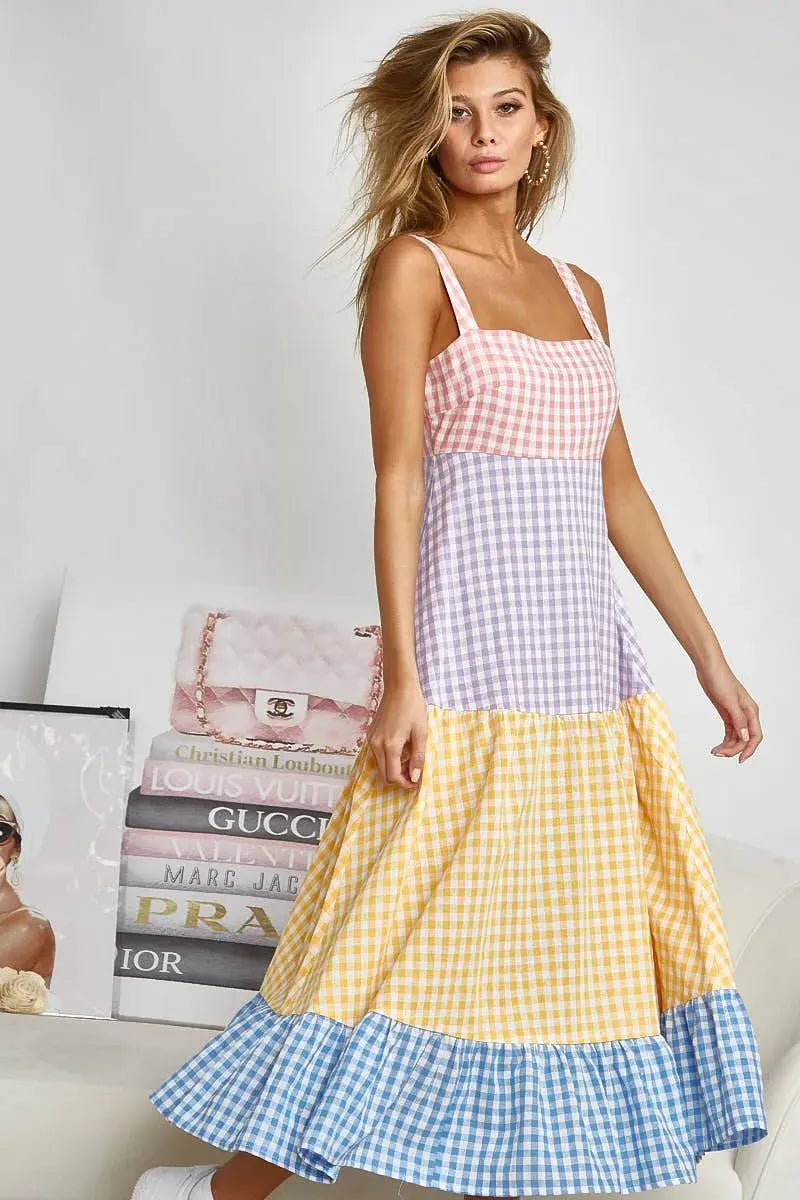 BiBi Color Block Tiered Gingham Dress | Be Bliss Boutique
