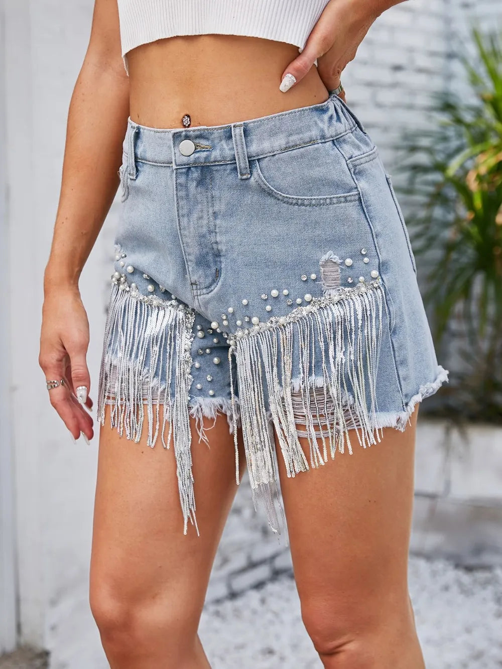 Distressed Pearl Trim Denim Shorts with Pockets - Be Bliss Boutique