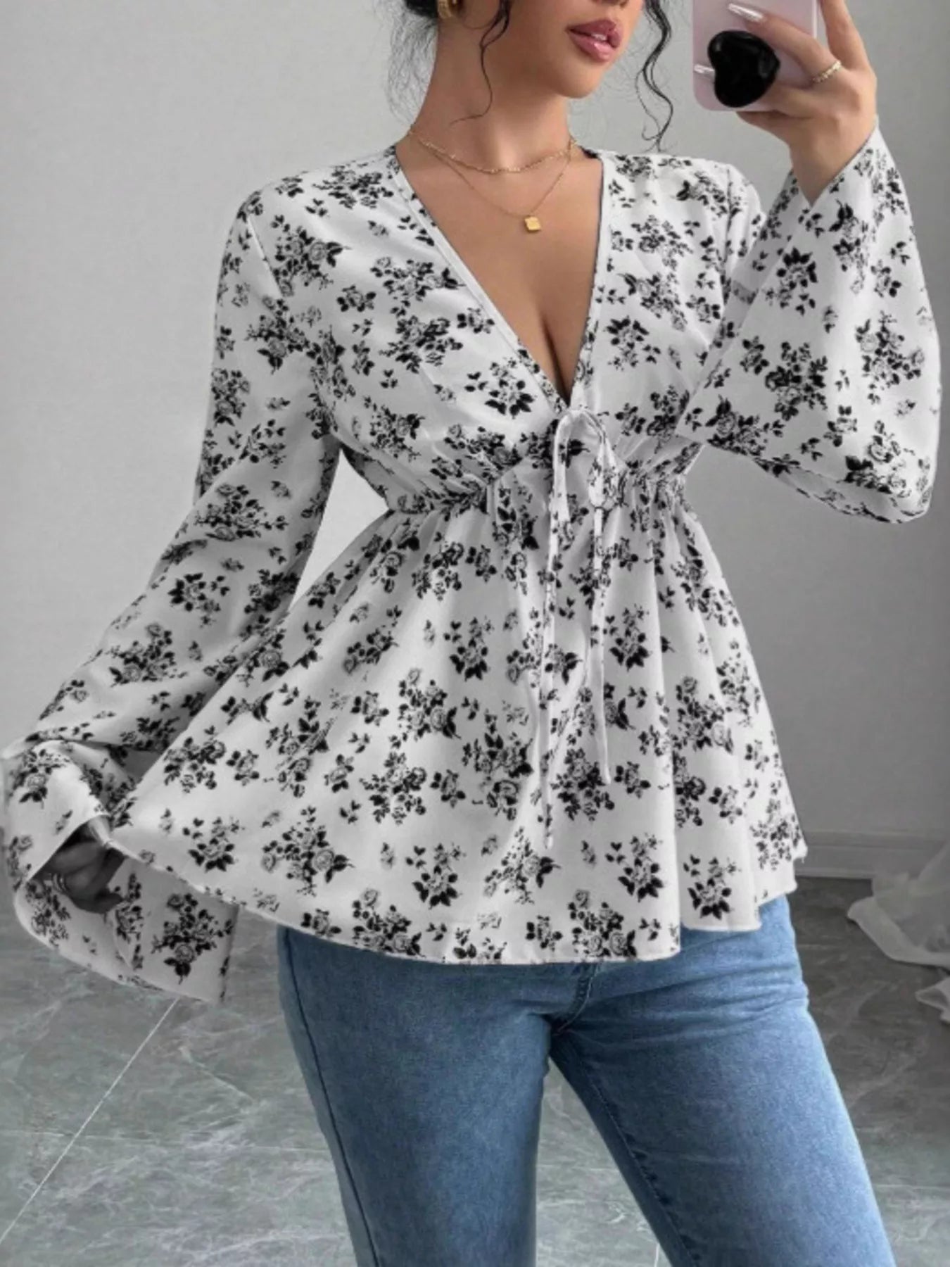 Floral Print V-Neck Long Sleeve Blouse - Be Bliss Boutique