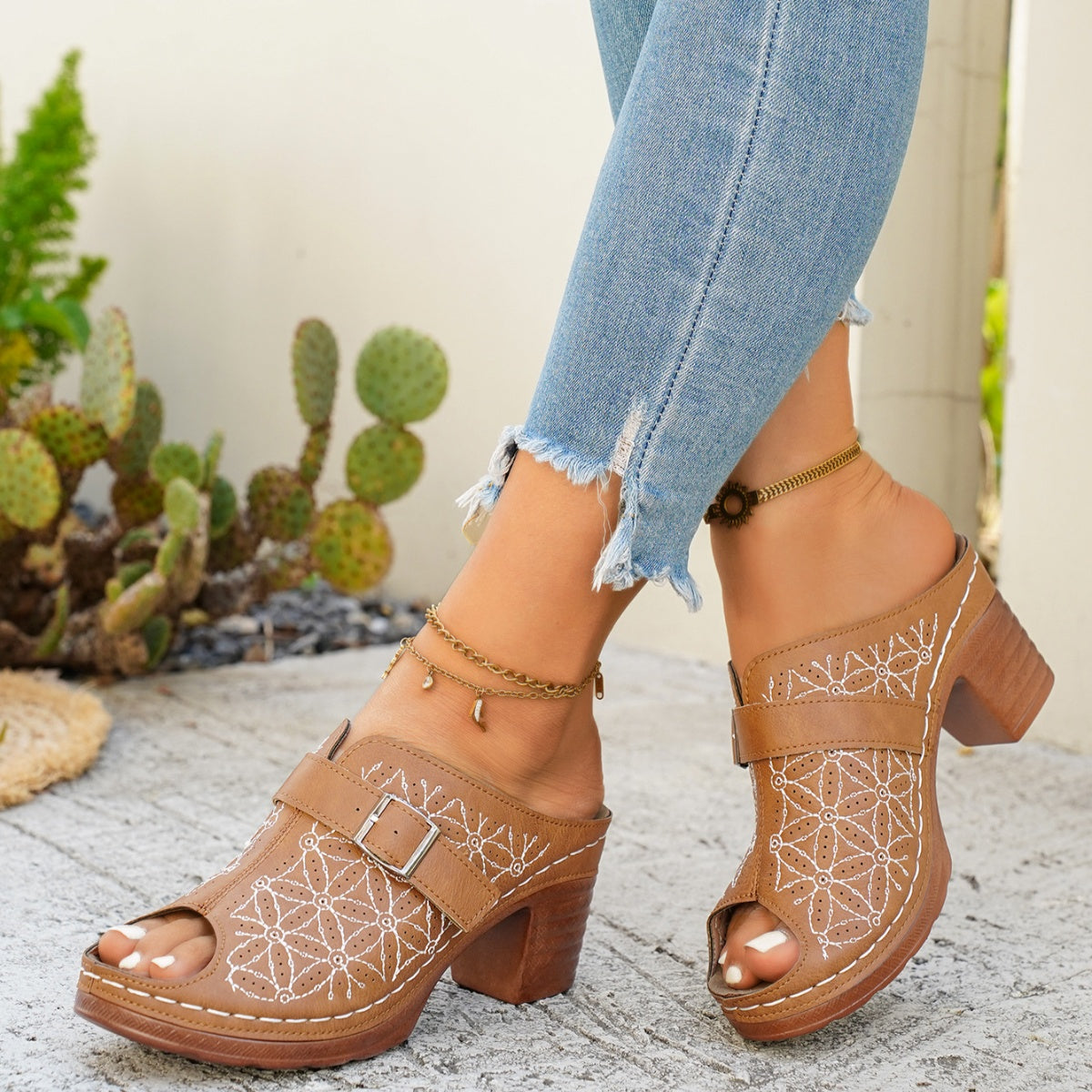 Buckle Decor Block Heel Sandals - Be Bliss Boutique