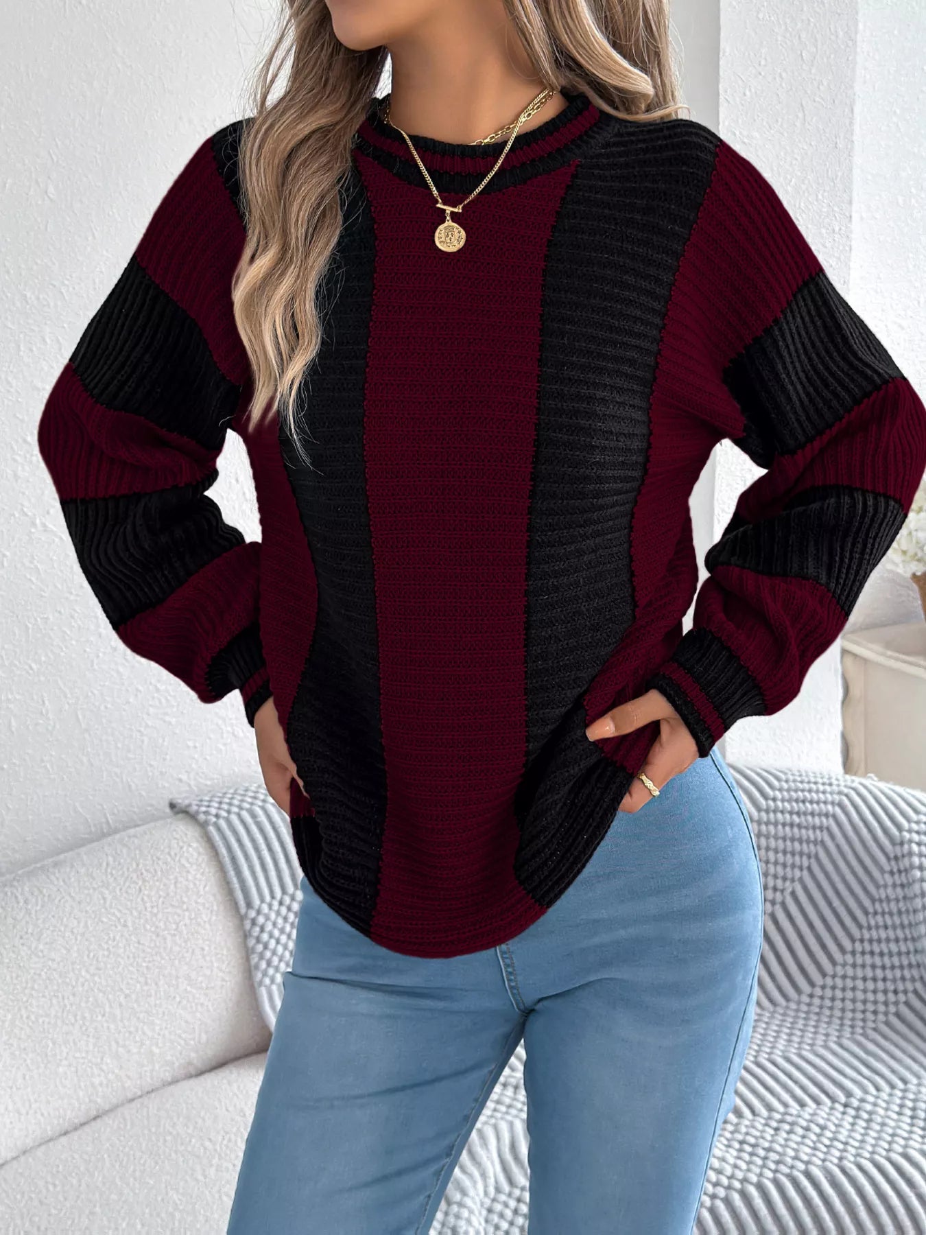 Color Block Round Neck Sweater - Be Bliss Boutique