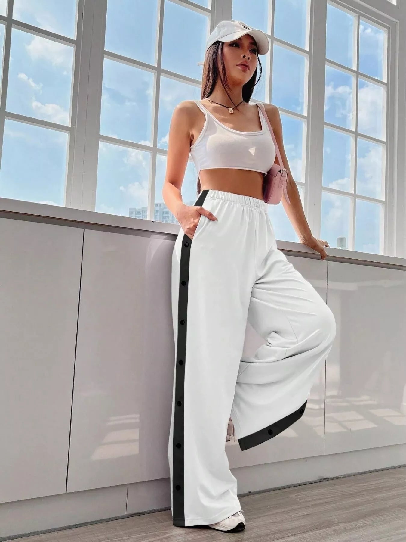 Two-Tone Side Snap Wide Leg Pants -  Be Bliss Boutique