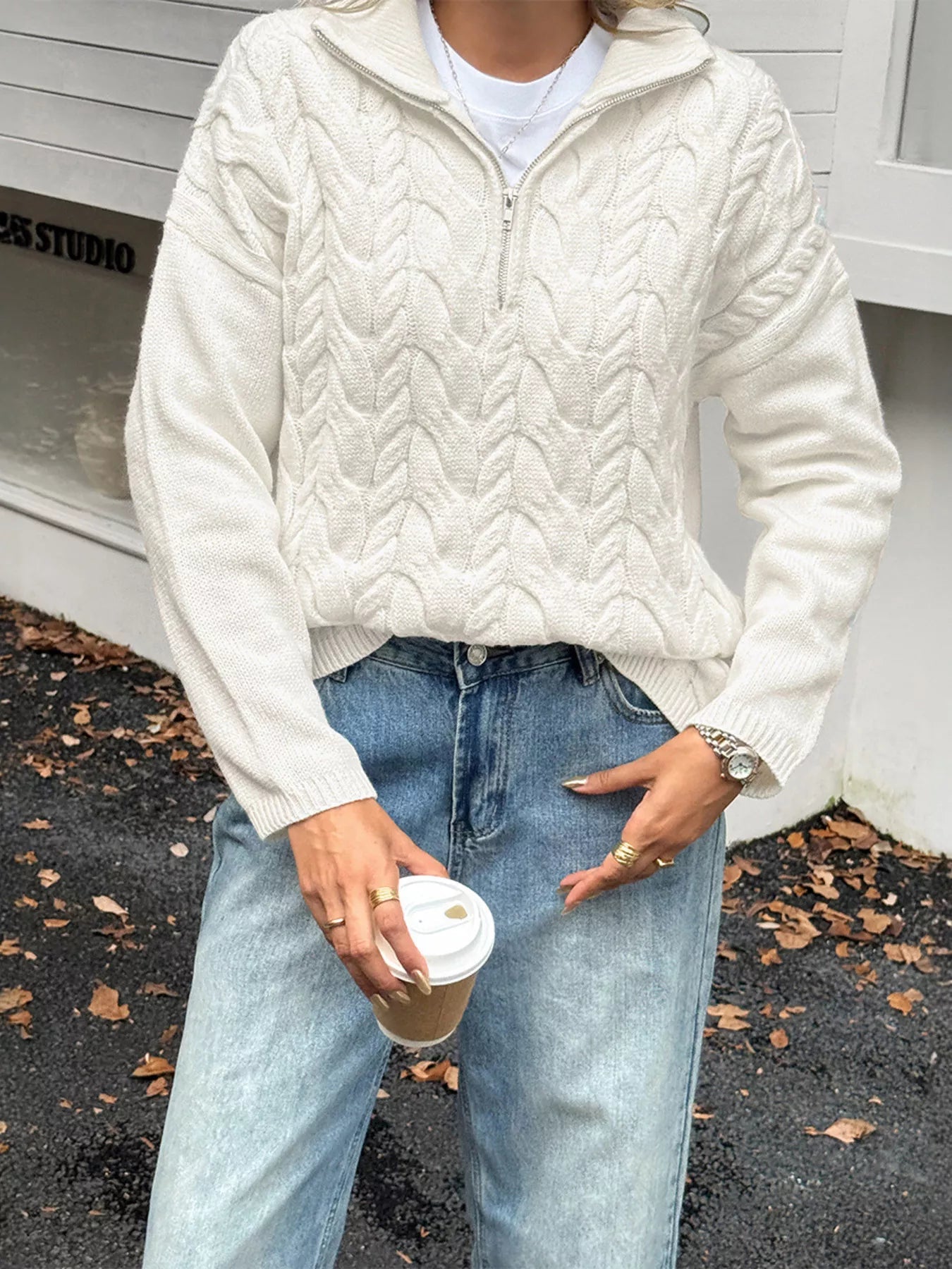 Zip Collar Cable-Knit Sweater -  Be Bliss Boutique