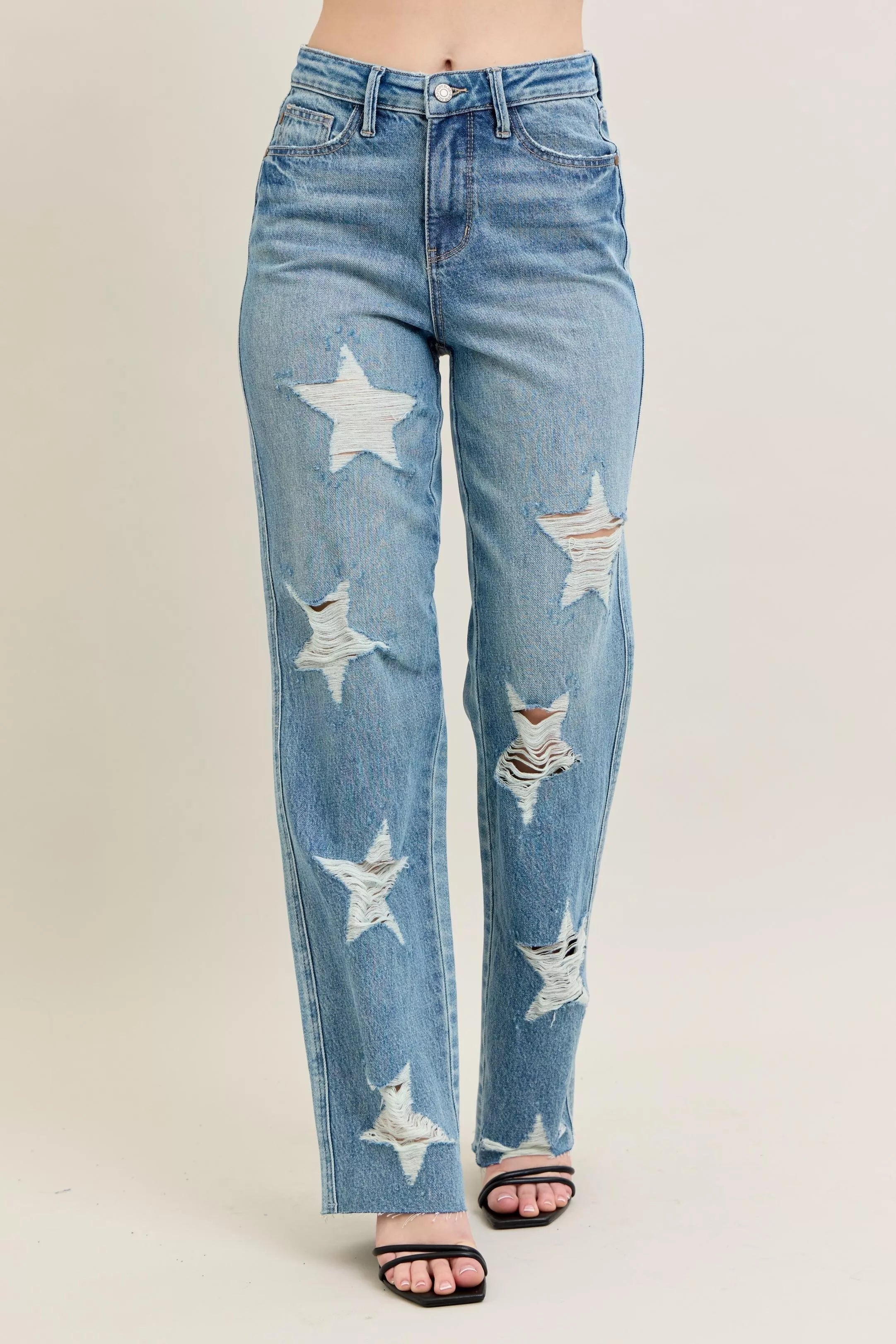 Judy Blue Full Size High Waist  Rigid Magic Star Shaped Destroy 90's Straight Jeans Plus Size - Be Bliss Boutique
