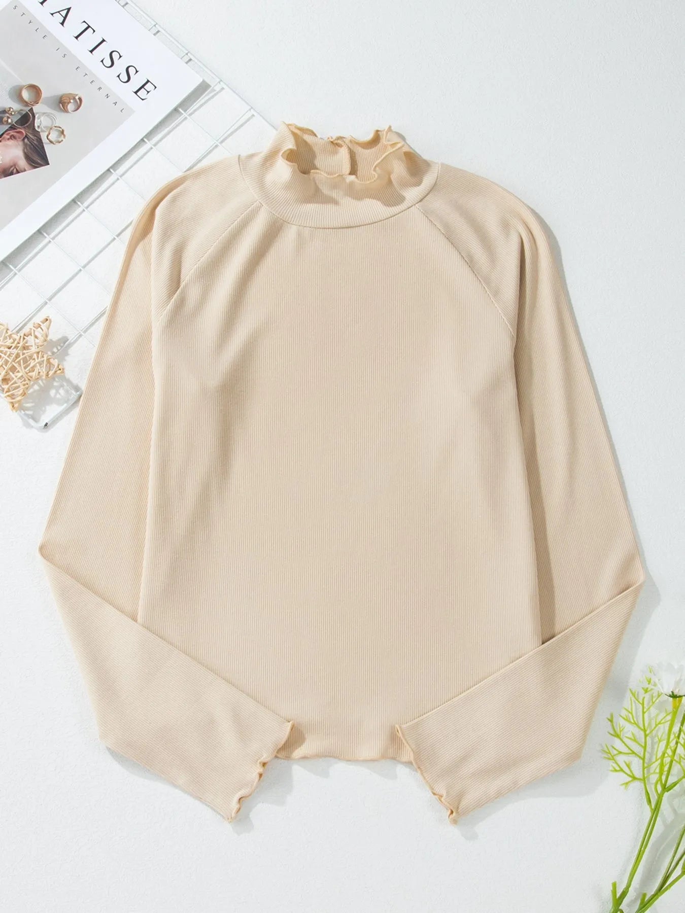 Ribbed Knit Lettuce Trim Mock Neck Long Sleeve Top -  Be Bliss Boutique