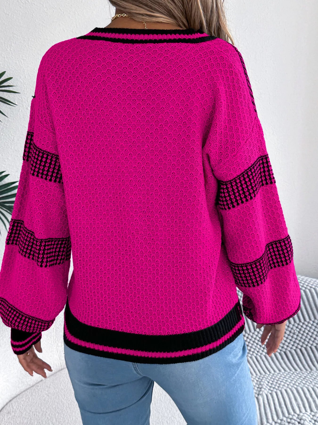 Contrast Striped V-Neck Sweater - Be Bliss Boutique