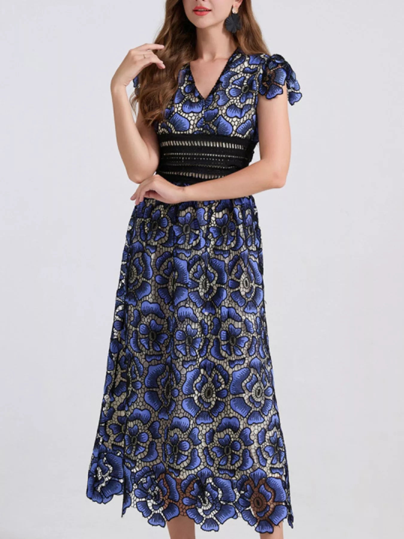 Printed V-Neck Ruffle Sleeve Midi Dress - Be Bliss Boutique