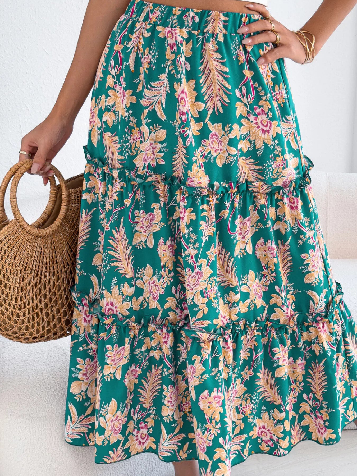 Floral Print Ruffle Hem Flowy Midi Skirt - Be Bliss Boutique