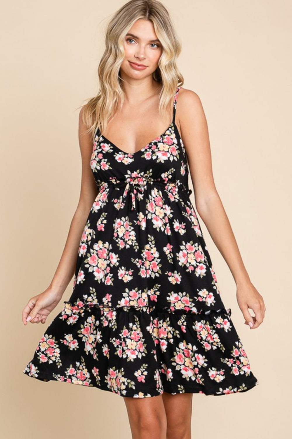 Culture Code Full Size Black Floral Frill Cami Dress