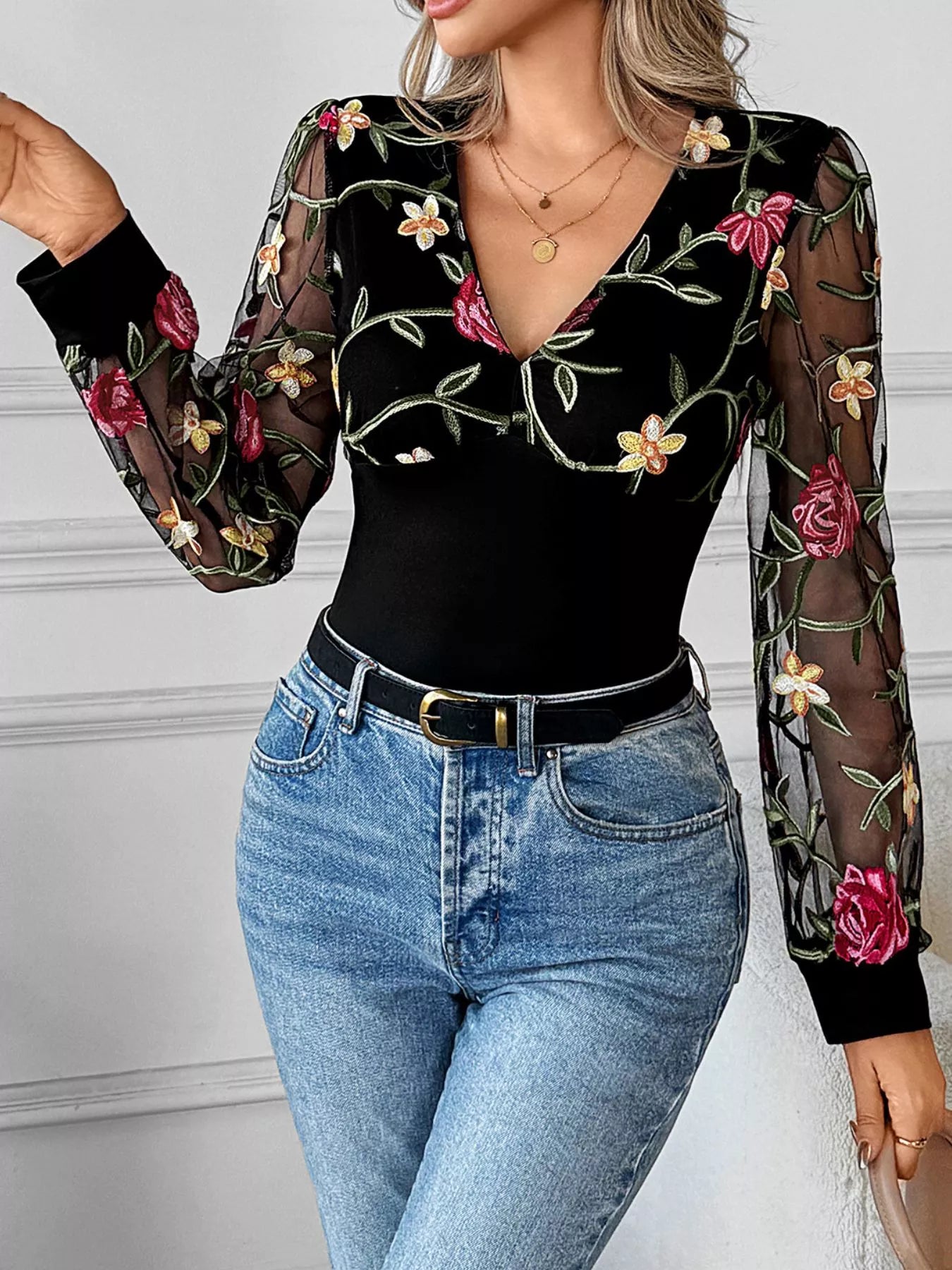 Floral Mesh Sleeve V-Neck Top - Be Bliss Boutique