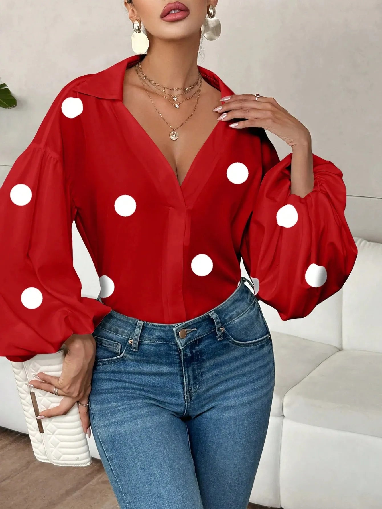Polka Dot Balloon Sleeve Blouse -  Be Bliss Boutique
