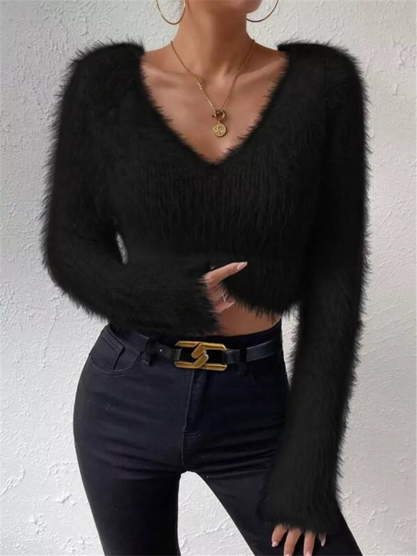 Fluffy Knit V Neck Sweater - Be Bliss Boutique