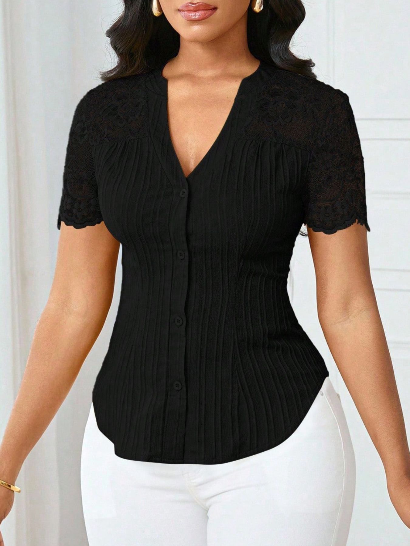 Button Up Lace Sleeve Blouse - Be Bliss Boutique