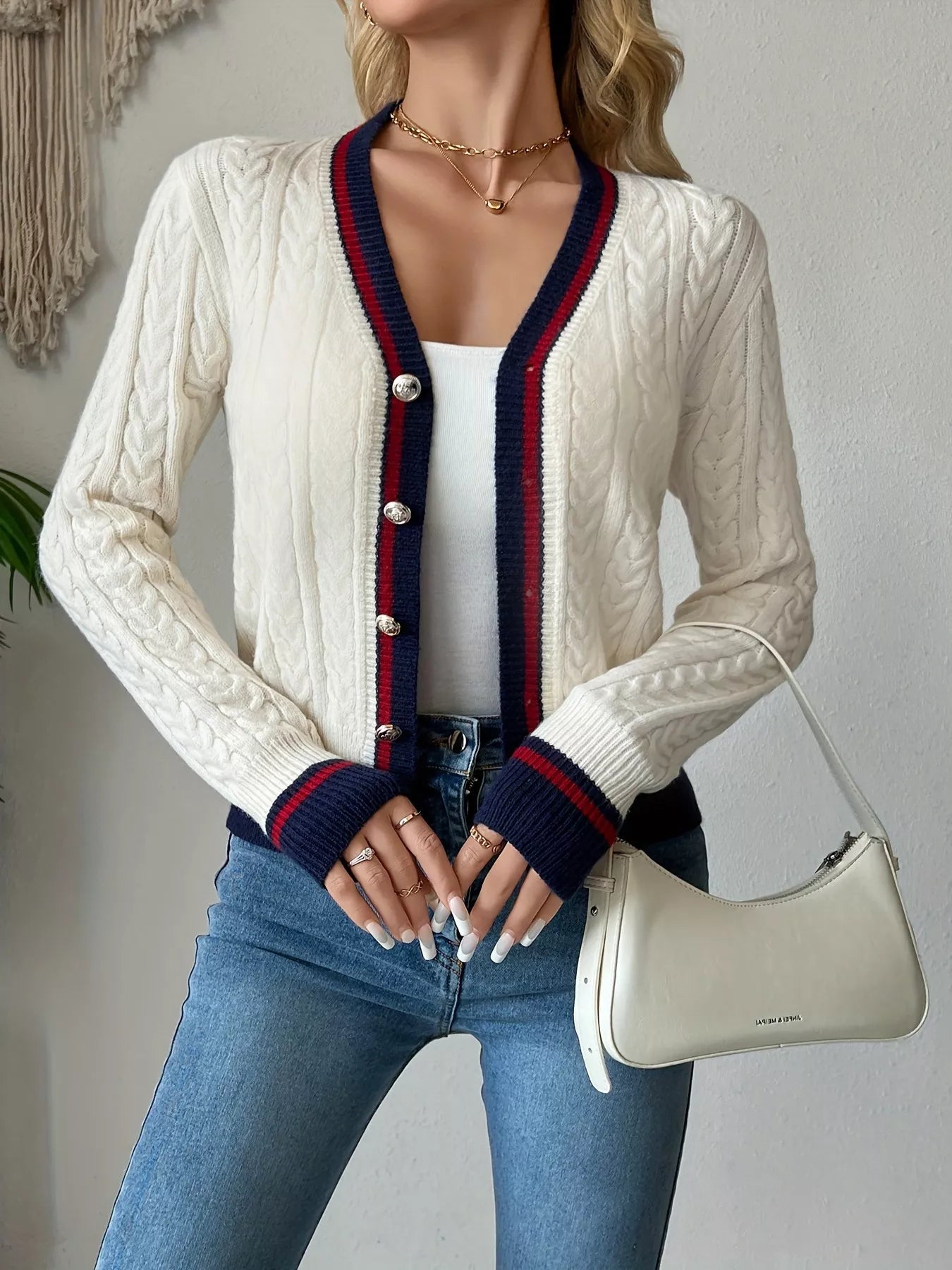 Contrast Trim Cable Knit Cardigan - Be Bliss Boutique
