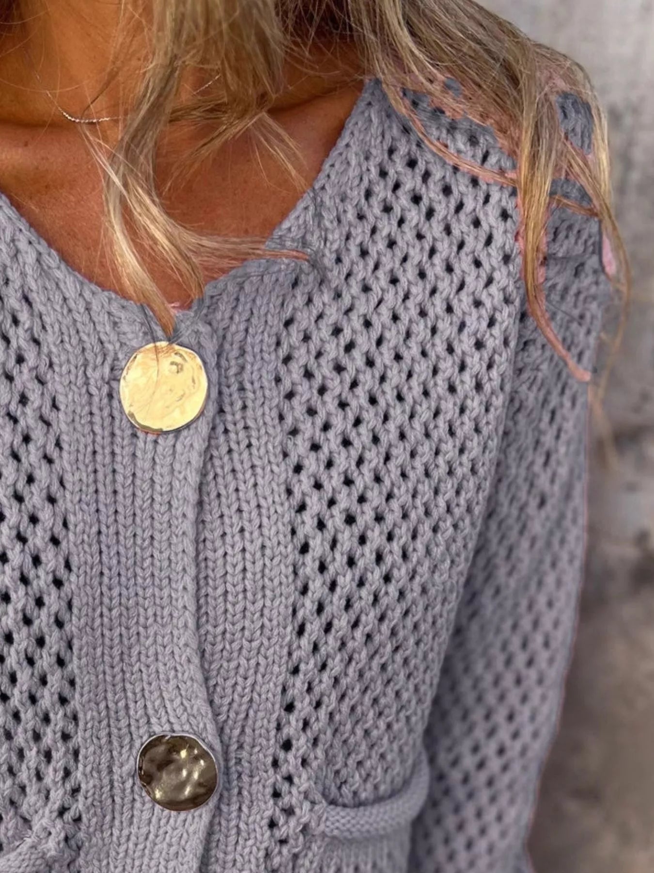 Crochet Button Up Long Sleeve Cardigan -  Be Bliss Boutique