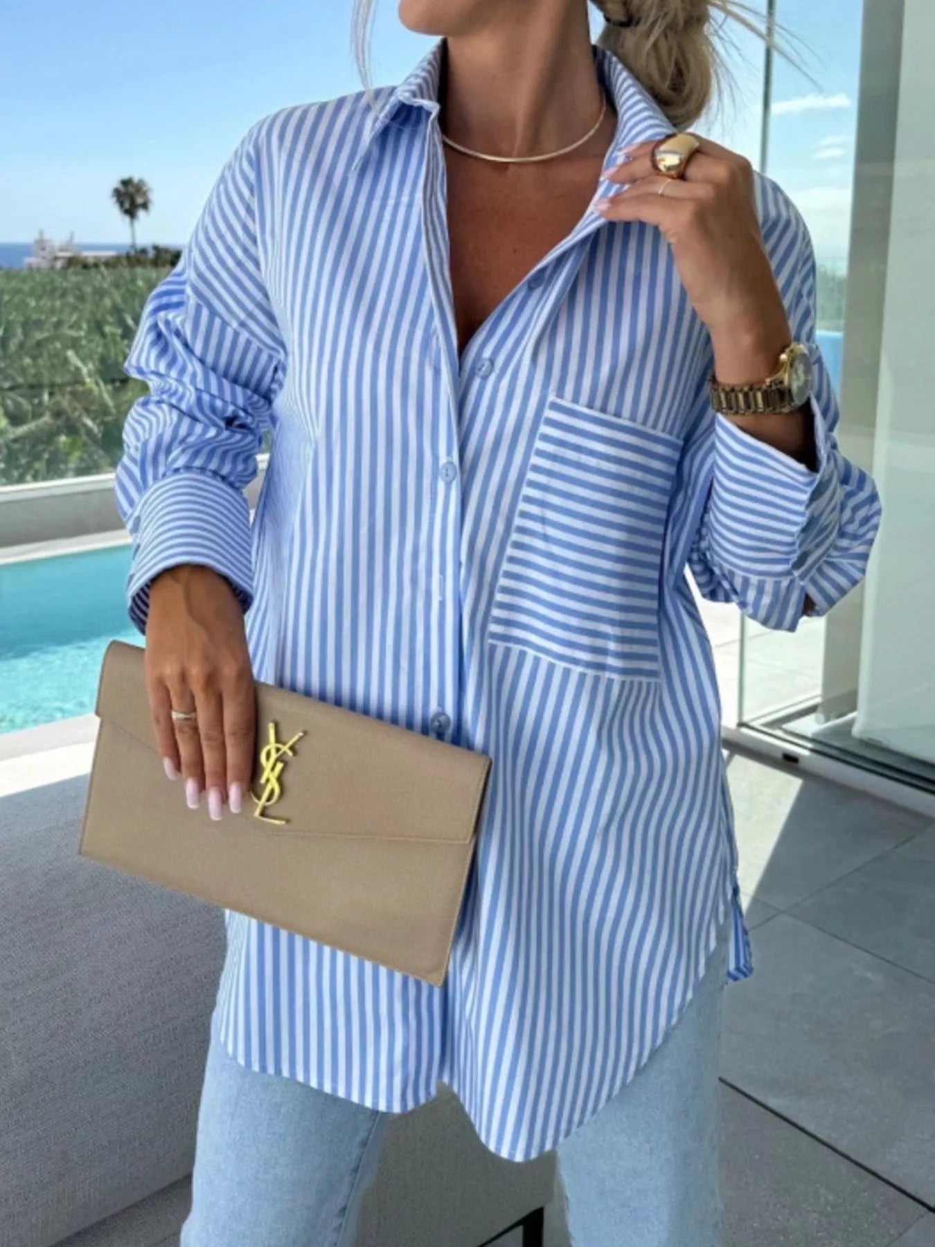 Striped Oversized Button-Down Shirt -  Be Bliss Boutique