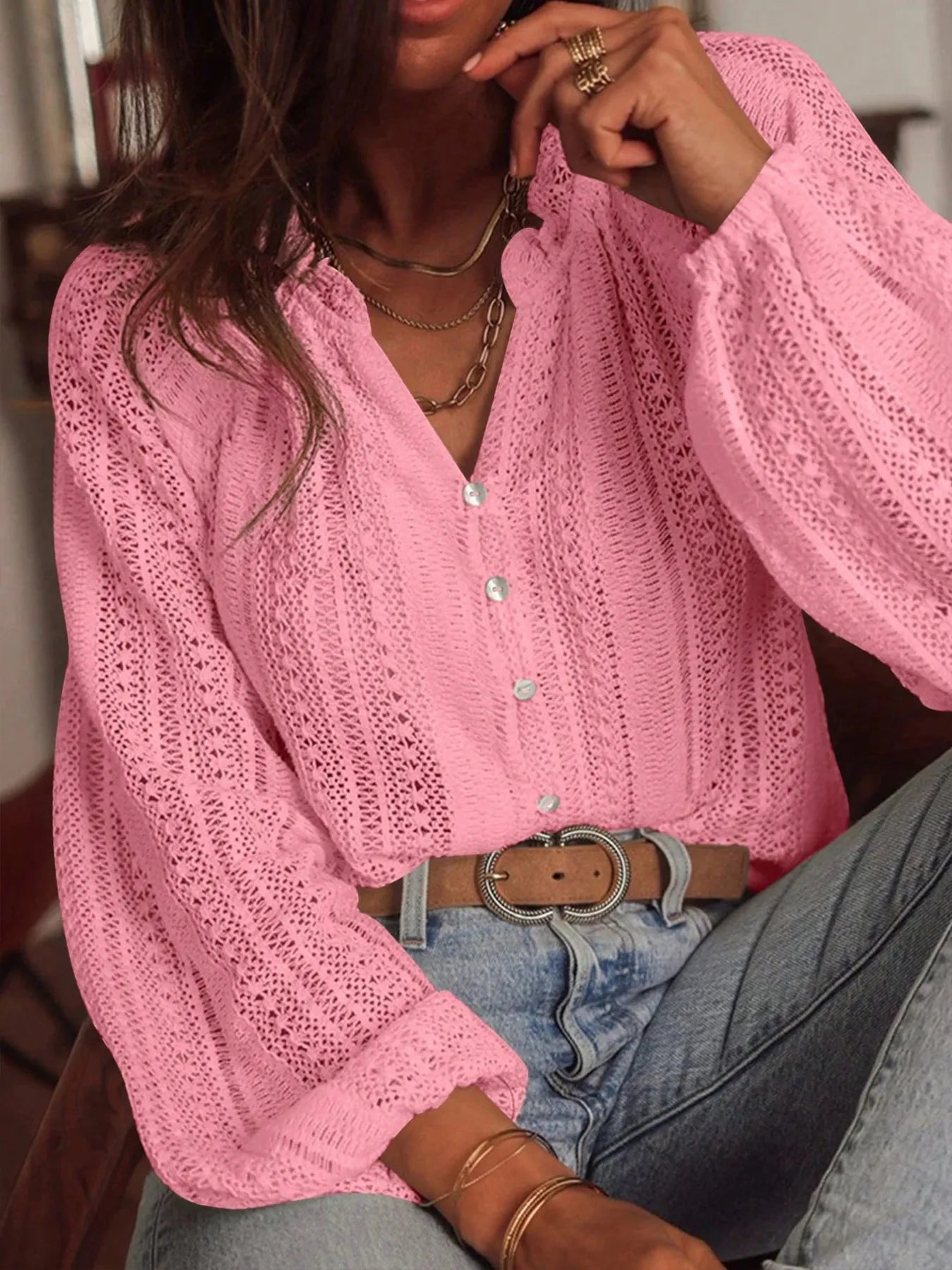 Crochet Notched Button-Front Shirt -  Be Bliss Boutique