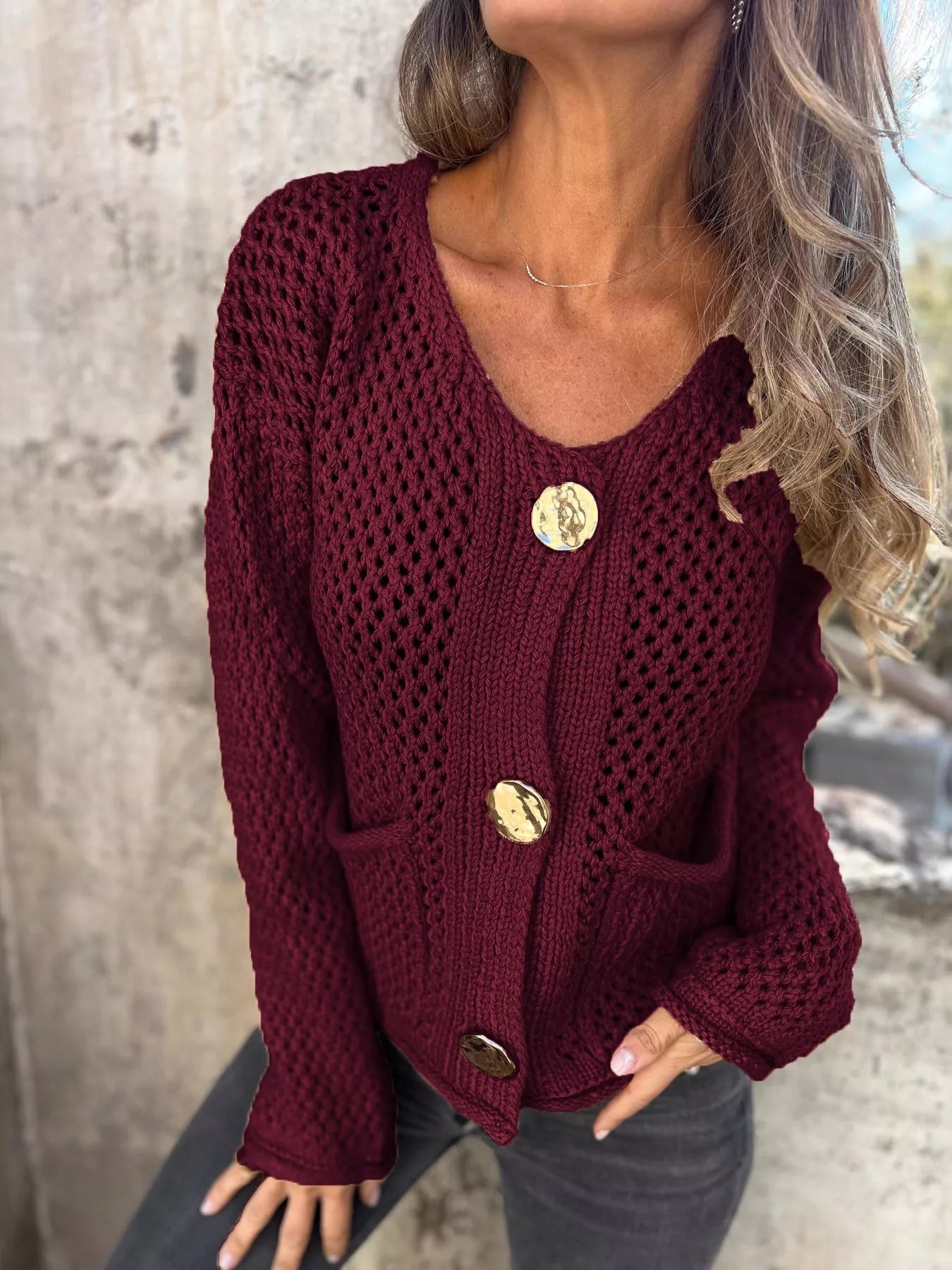 Crochet Button Up Long Sleeve Cardigan -  Be Bliss Boutique