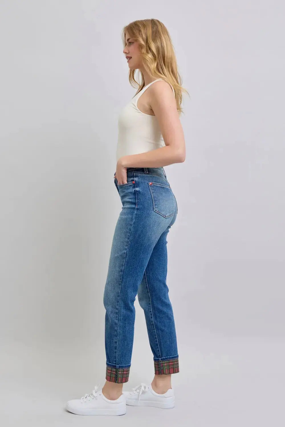 Judy Blue Full/Plus Size Plaid Print Cuff Straight Leg Jeans with Pockets | Be Bliss Boutique