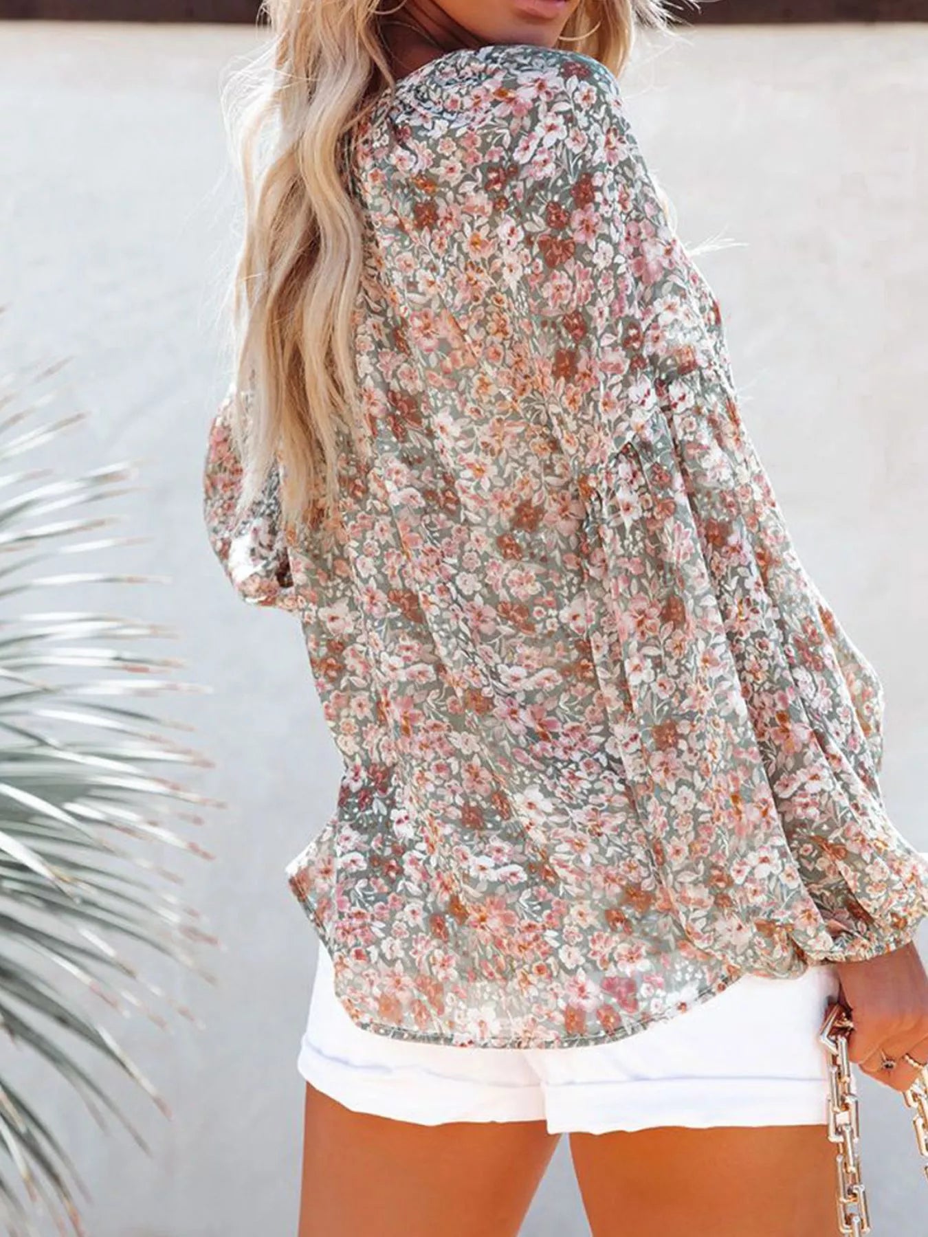 Full Size Floral Print V Neck Long Sleeve Blouse - Be Bliss Boutique