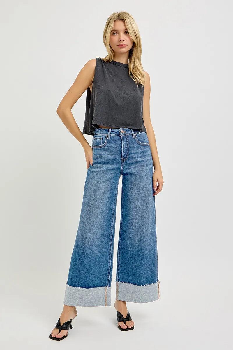 RISEN Full Size Tummy Control High Rise Crop Wide Cuffed Jeans Plus Size -  Be Bliss Boutique