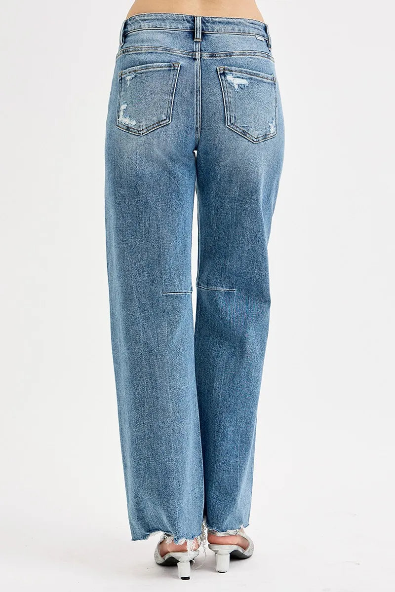 RISEN Full Size Mid Rise Fit Wide Baggy Leg Tie Washed Jeans Plus Size -  Be Bliss Boutique