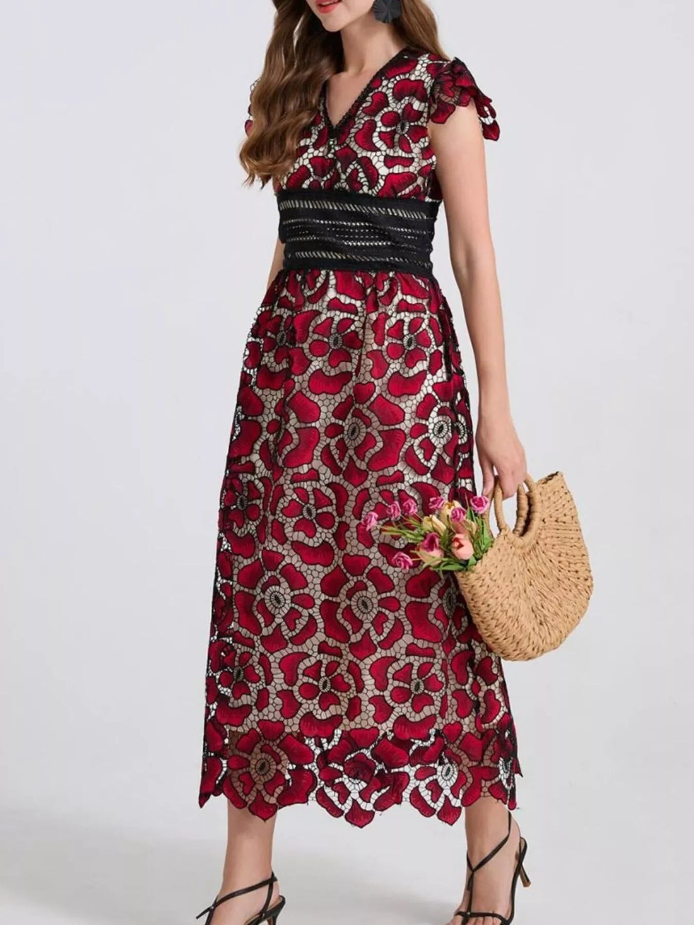 Printed V-Neck Ruffle Sleeve Midi Dress - Be Bliss Boutique