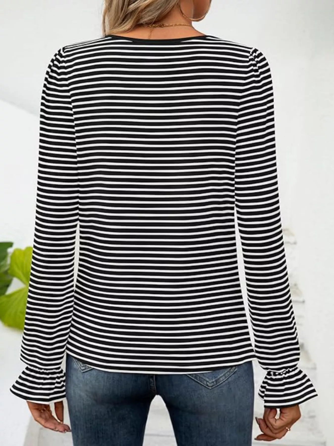 Striped Long Sleeve T-Shirt with Square Neckline - Be Bliss Boutique