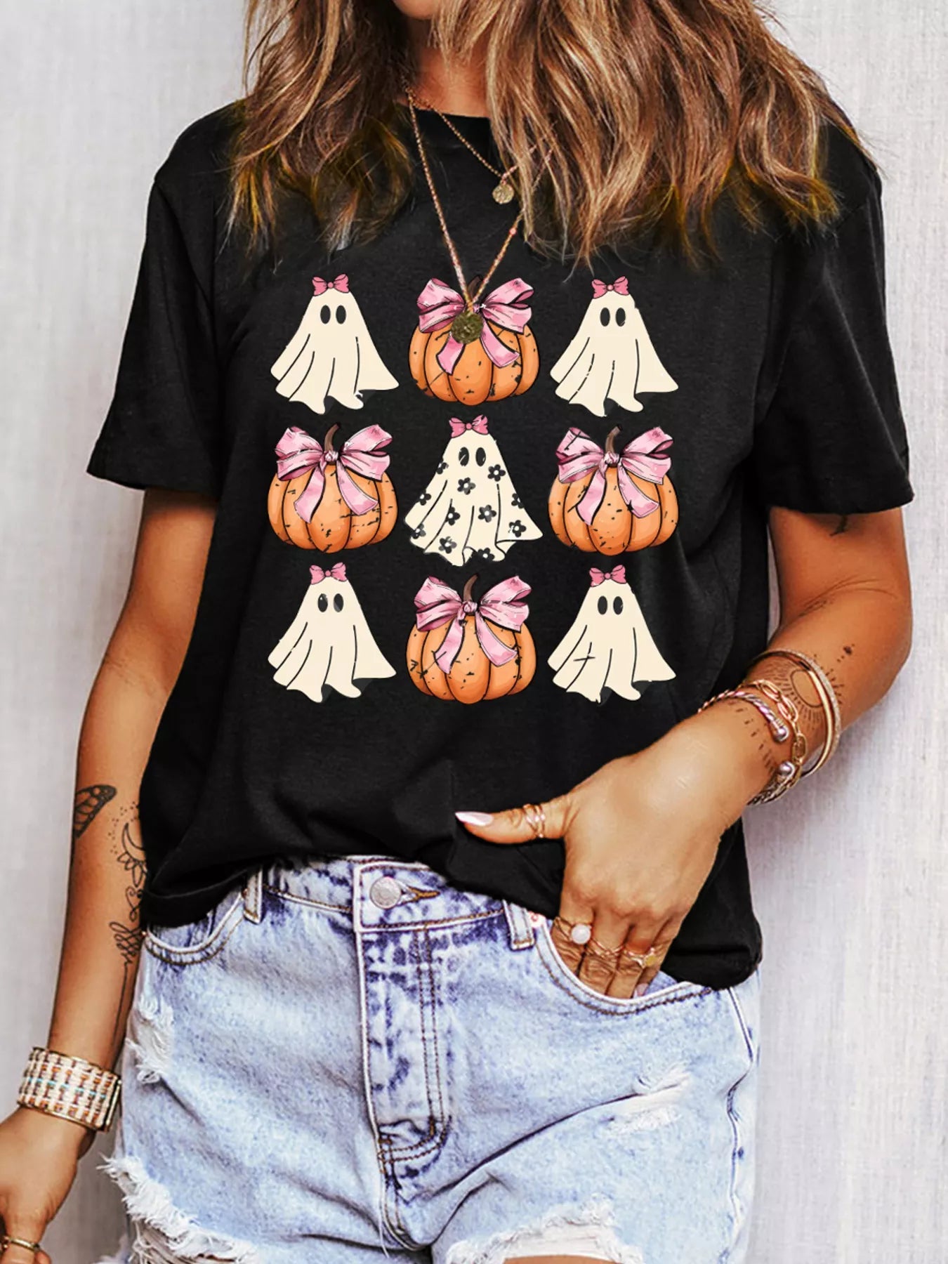 Halloween Bowknot Ghost Pumpkin Graphic T Shirt -  Be Bliss Boutique