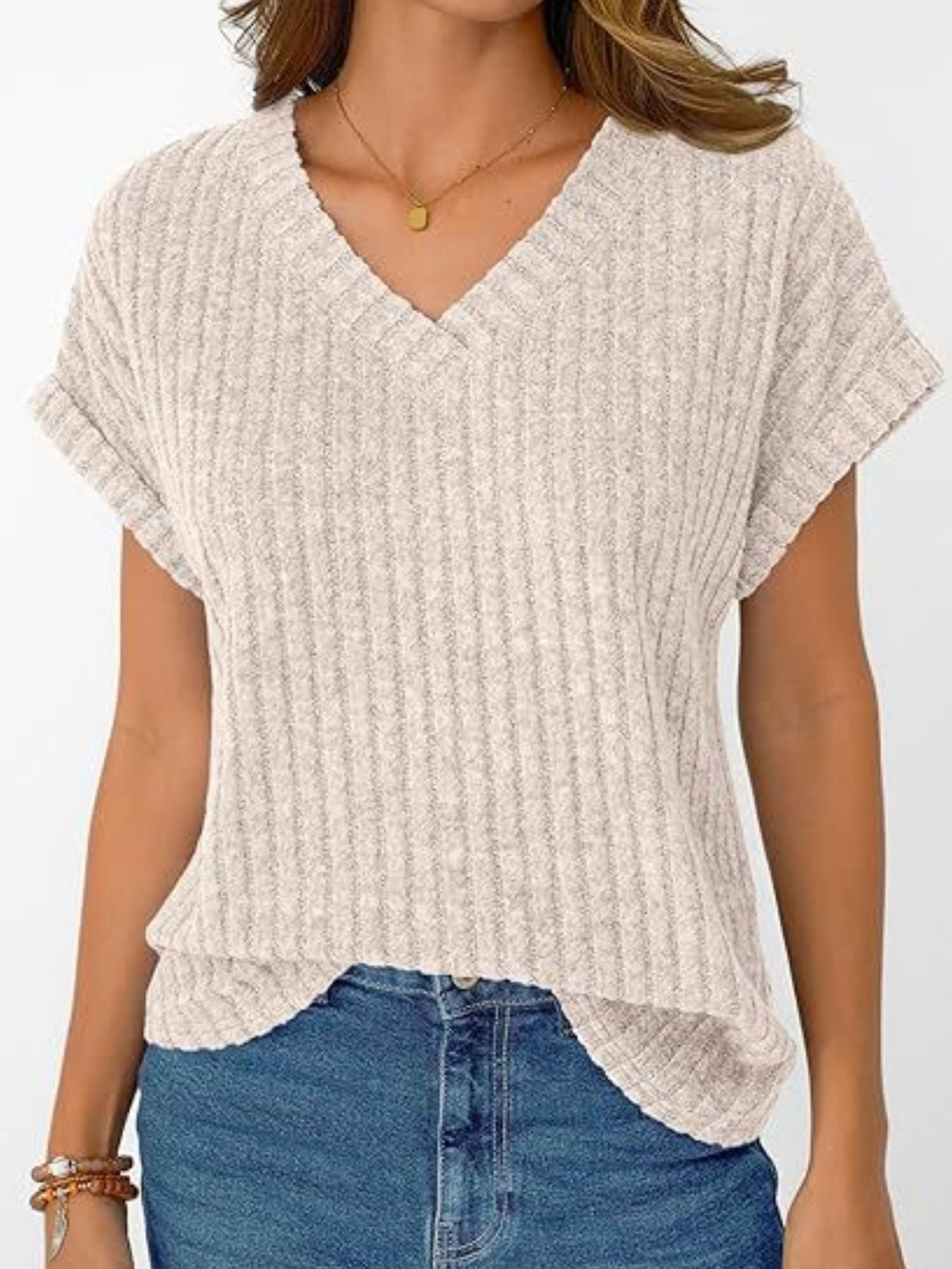 Ribbed Knit V Neck Relaxed Fit T Shirt - Be Bliss Boutique
