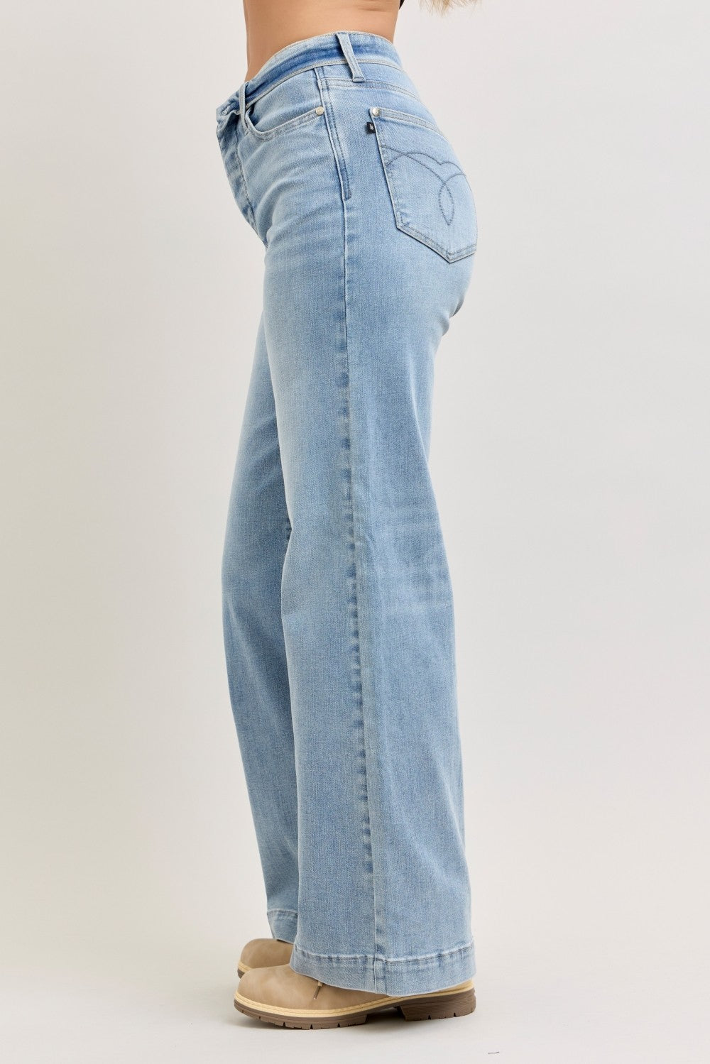 Judy Blue Mid Rise Retro Wide Leg Jeans with Fold-over Waistband - Be Bliss Boutique
