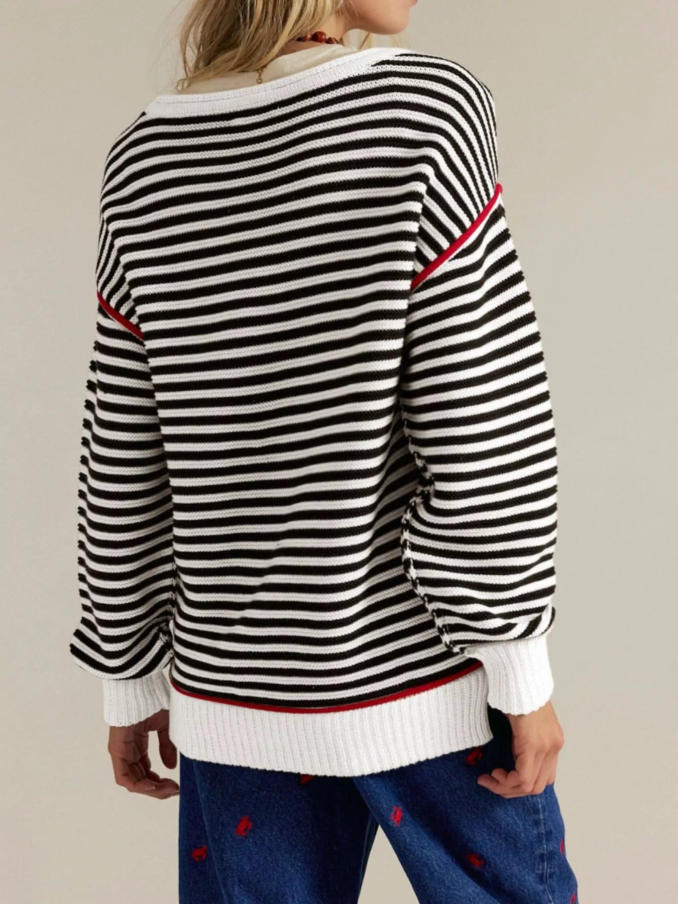 Striped Round Neck Long Sleeve Sweater -  Be Bliss Boutique