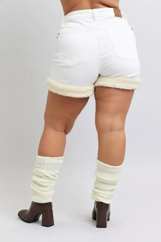 Judy Blue Full Size/Plus Size High Waist Shearling Cuff Denim Shorts | Be Bliss Boutique