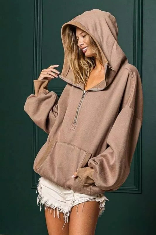 BiBi Stitch Detailed Elastic Hem Half Zip Fleece Hoodie - Be Bliss Boutique