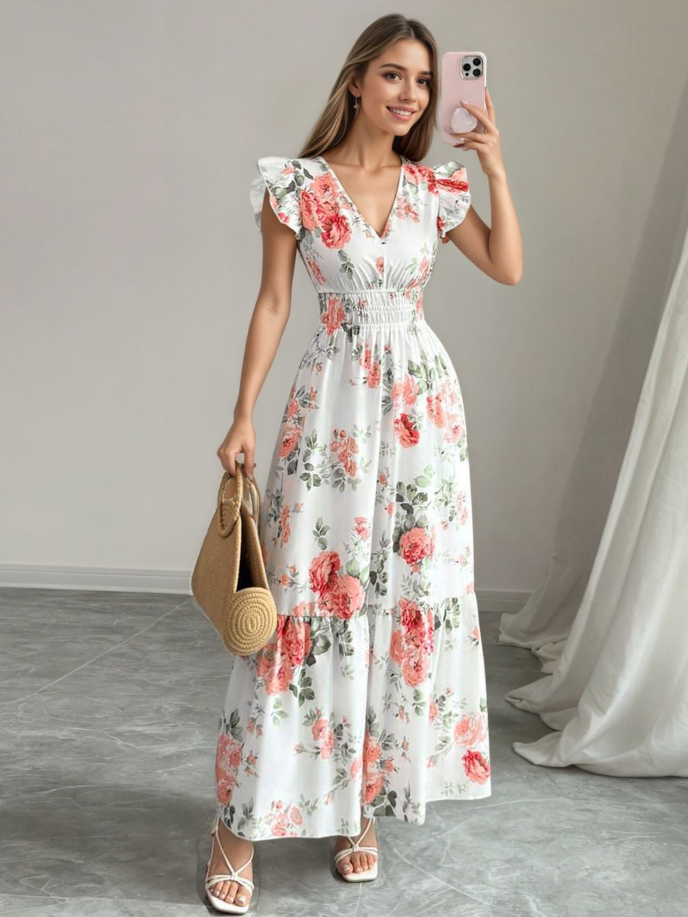 Floral Print Ruffle Sleeve Tiered Maxi Dress - Be Bliss Boutique