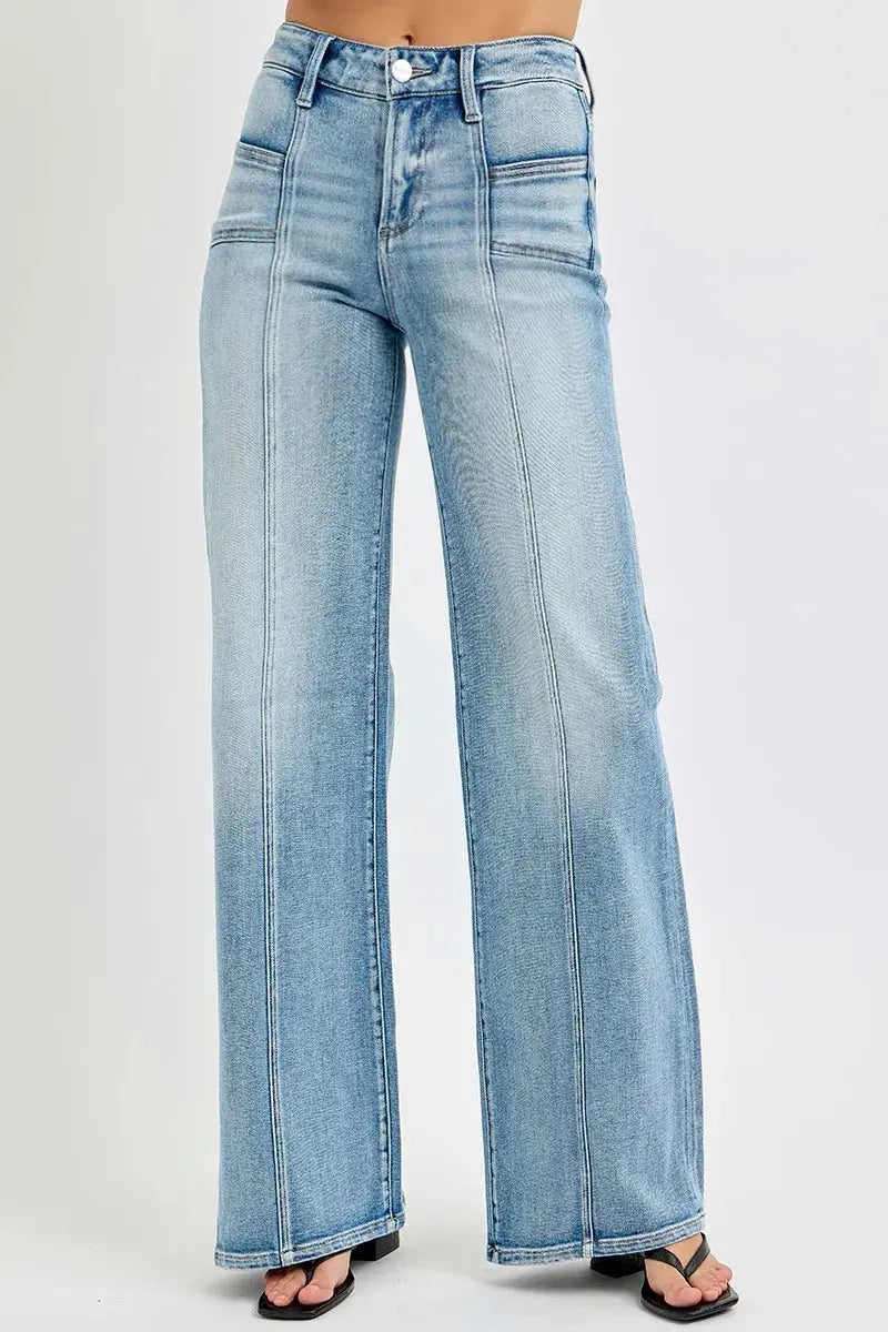 RISEN Full Size/Plus Size  Mid Rise Wide Jeans with Front Patch Pocket | Be Bliss Boutique