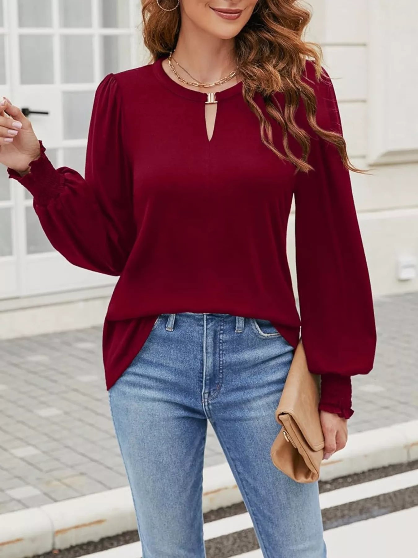 Long Sleeve Keyhole Neck Blouse - Be Bliss Boutique