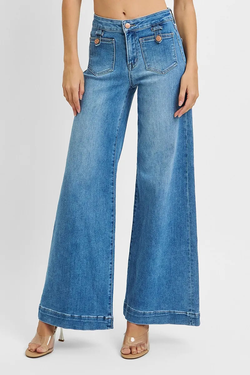 RISEN Full Size Mid Rise Wide Front Patch Pocket Jeans Plus Size -  Be Bliss Boutique