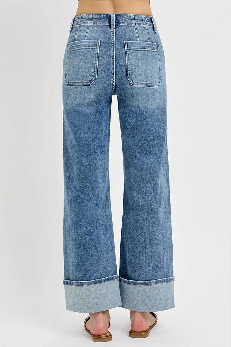 RISEN High Rise Ankle Wide Button Patch Pocket Cuffed Jeans -  Be Bliss Boutique