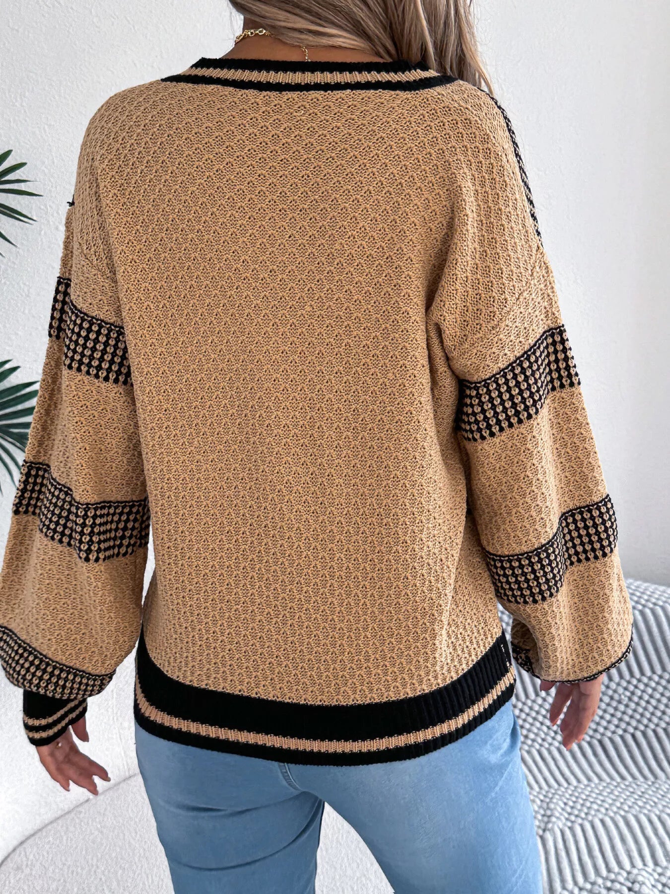 Contrast Striped V-Neck Sweater - Be Bliss Boutique