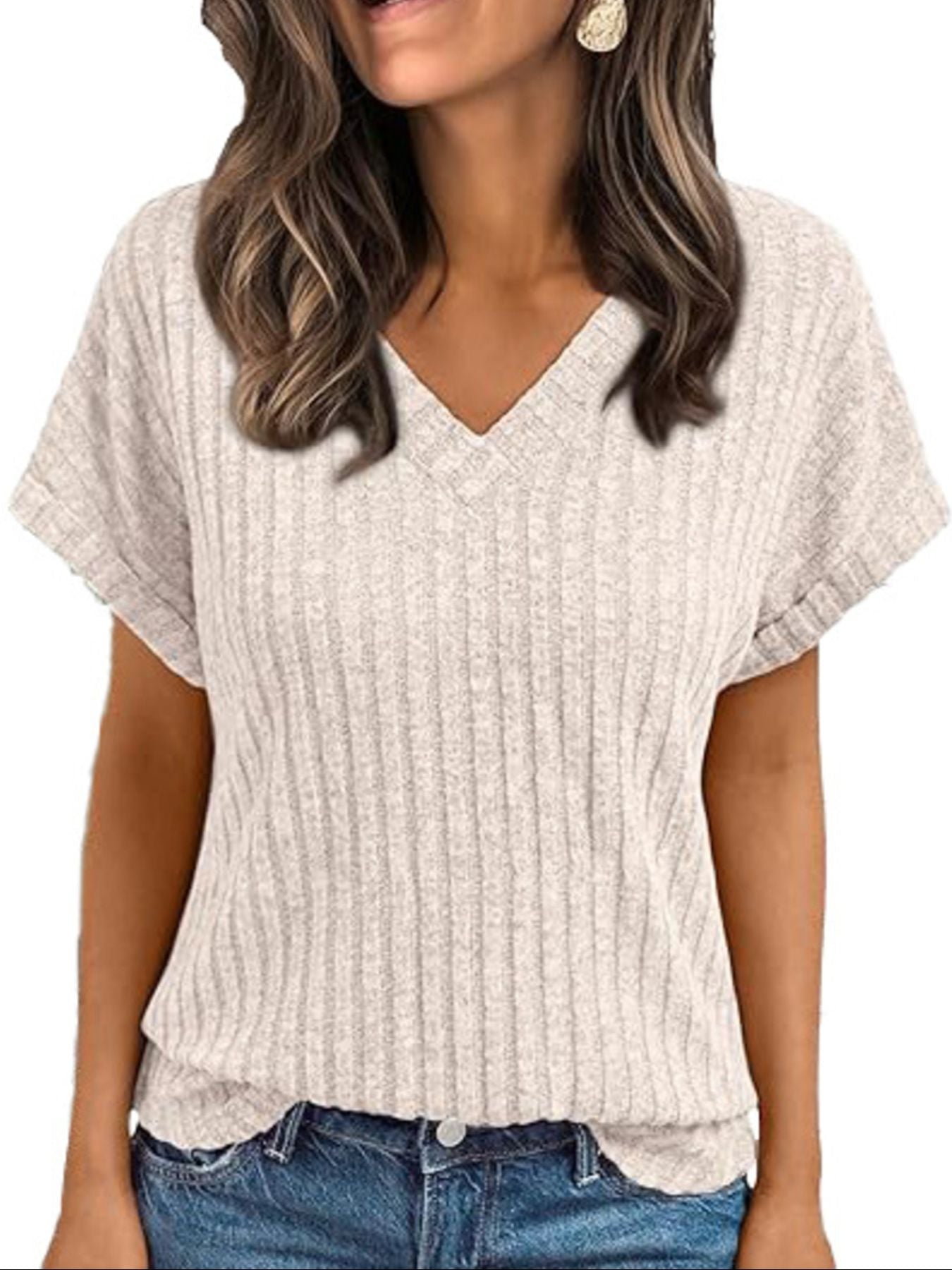 Ribbed Knit V Neck Relaxed Fit T Shirt - Be Bliss Boutique