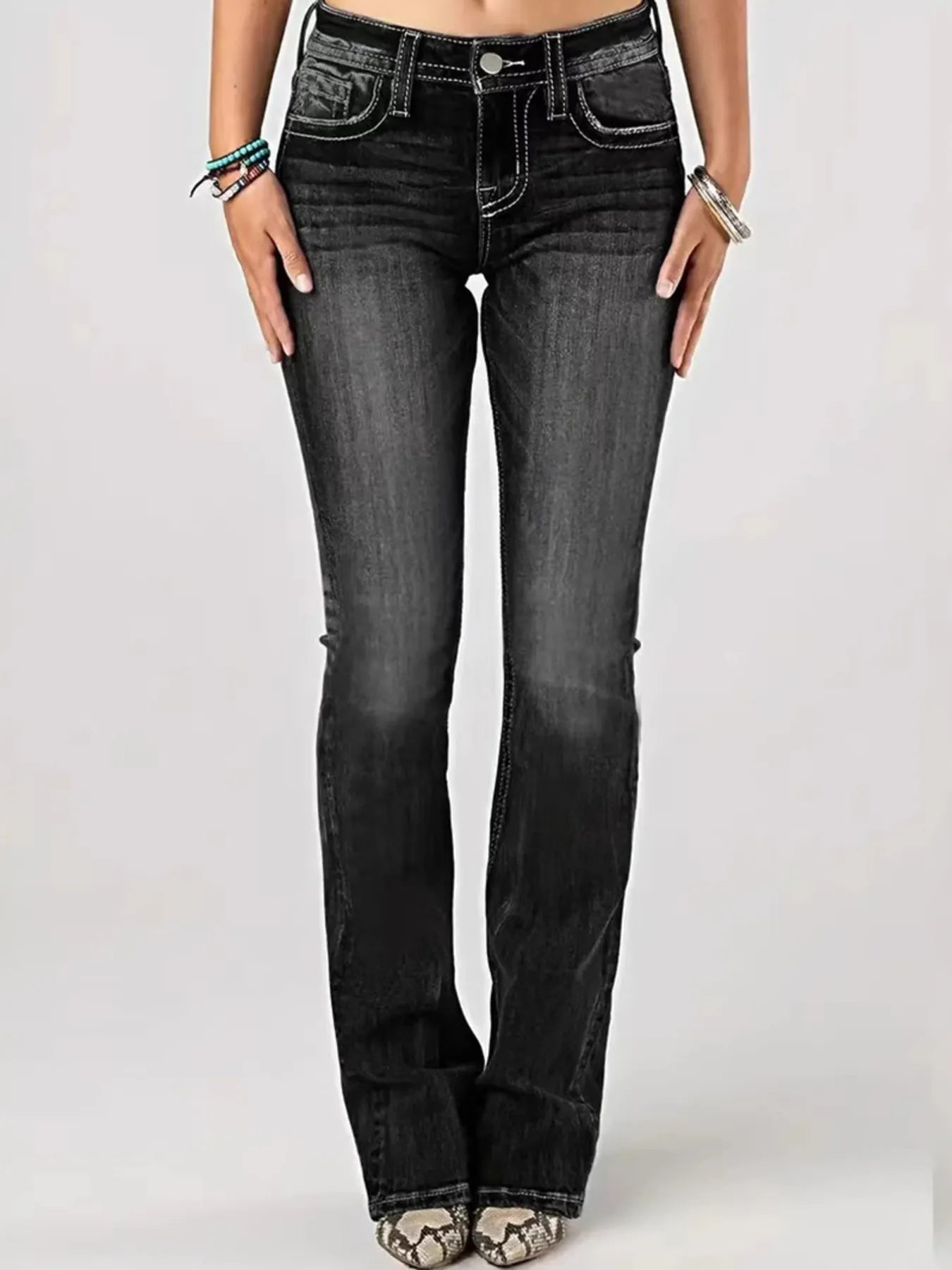 Embroidered Washed Bootcut Jeans -  Be Bliss Boutique